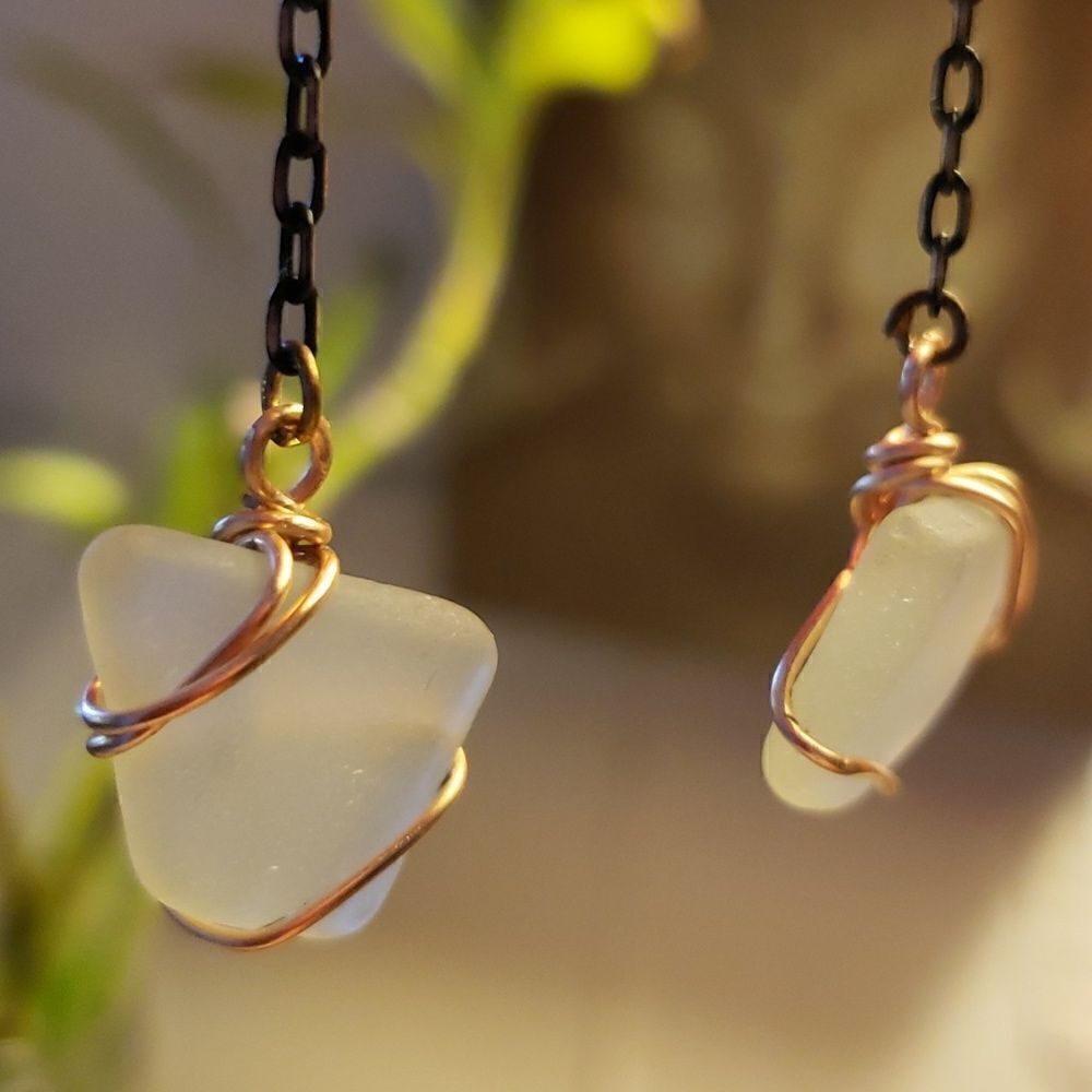 Sea Glass Gold Wire Wrapped Drop Earrings